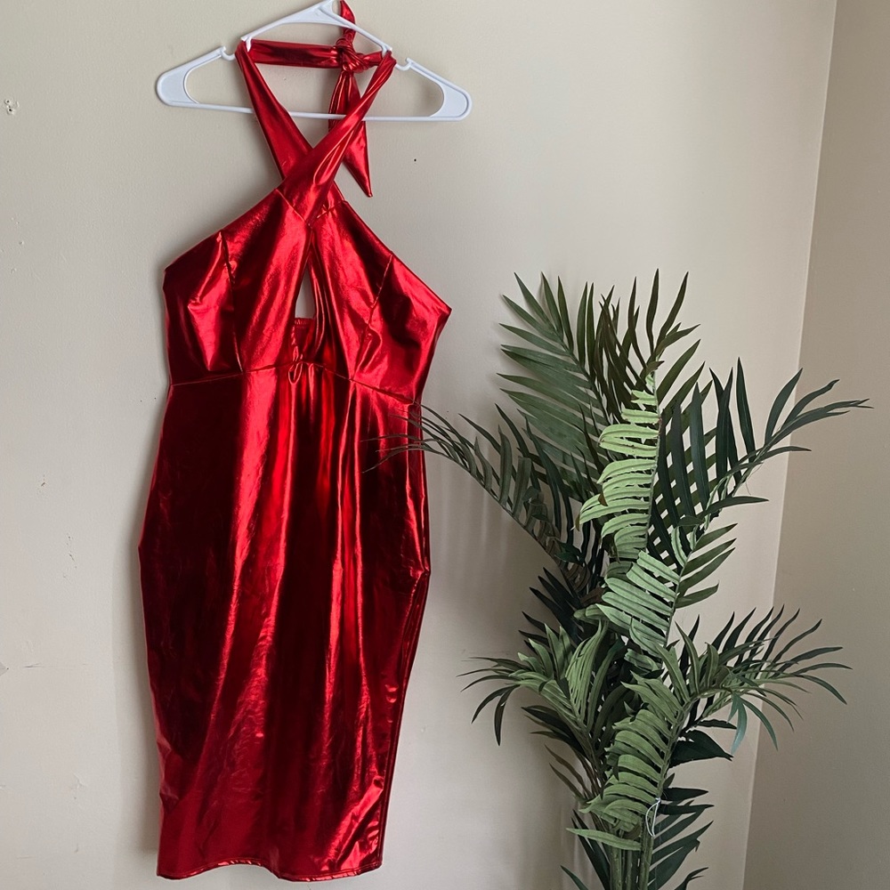 Sexy cross neck Red Vinyl Dress